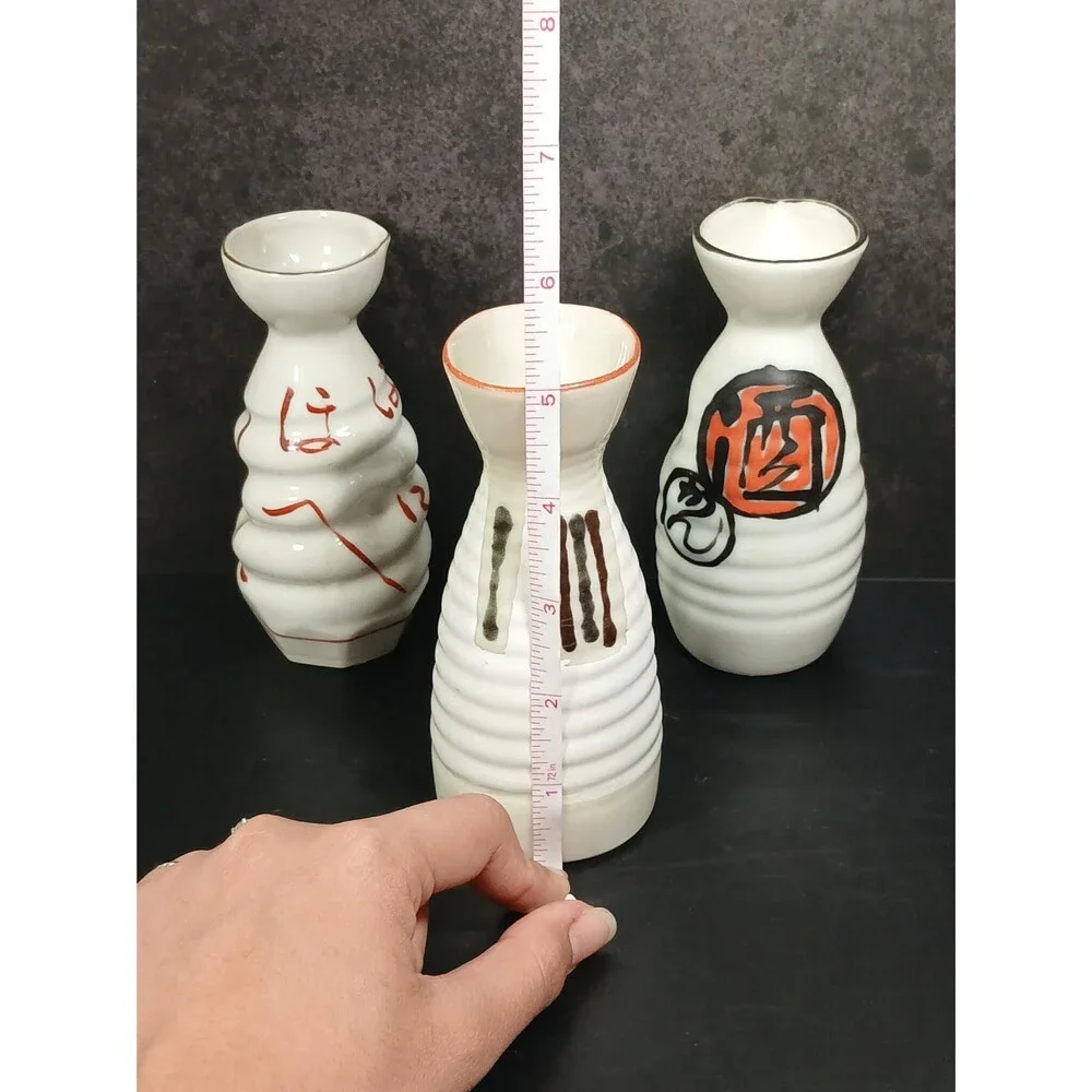 Vintage Japanese Porcelain Sake Bottle Set Calligraphy Ribbed Design